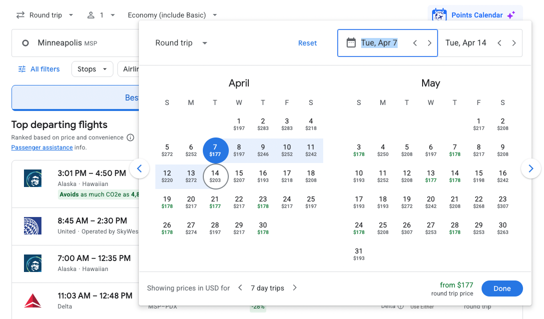 What are the Cheapest Days of the Week to Fly? 4 Google Flights calendar of prices from MSP-PDX