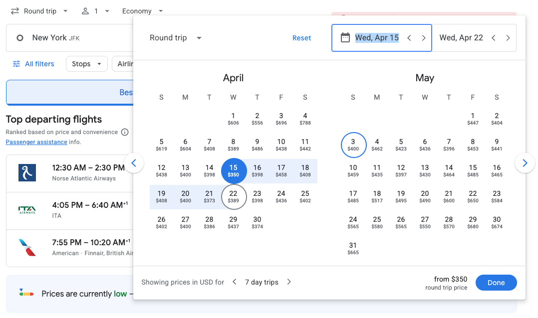 What are the Cheapest Days of the Week to Fly? 5 Google Flights calendar of prices from JFK-FCO