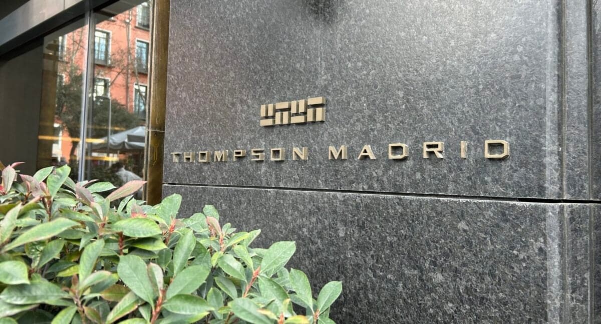 Thompson Madrid logo on the exterior of the building.