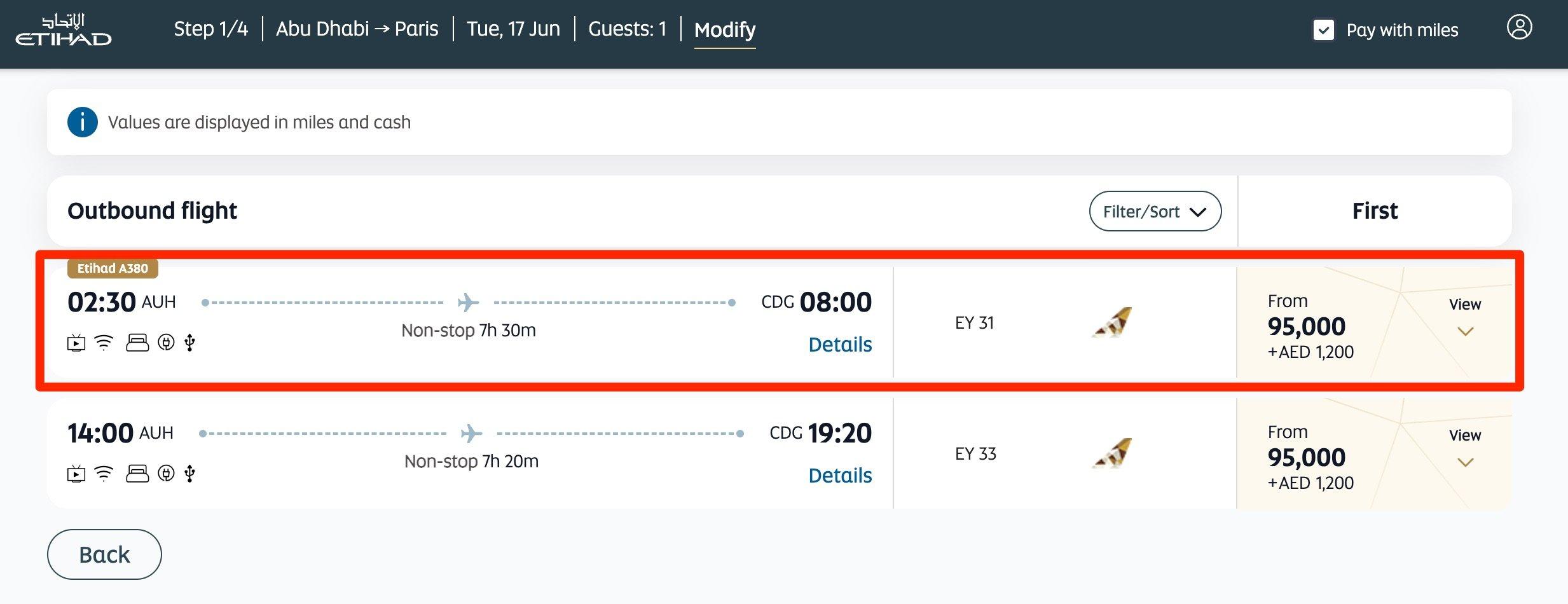 etihad redemptions abu dhabi to paris for 95k miles