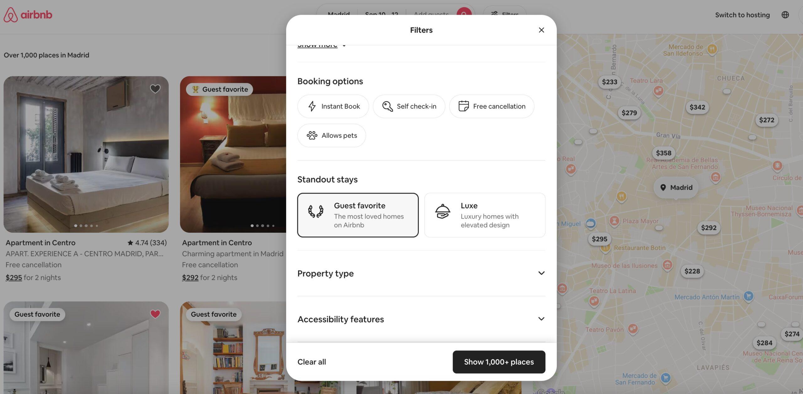 airbnb search showing guest favorite filter activated