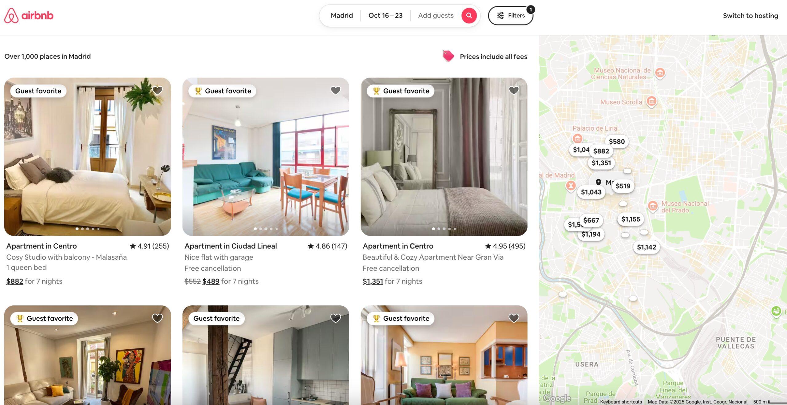 airbnb search of madrid showing prices include fees