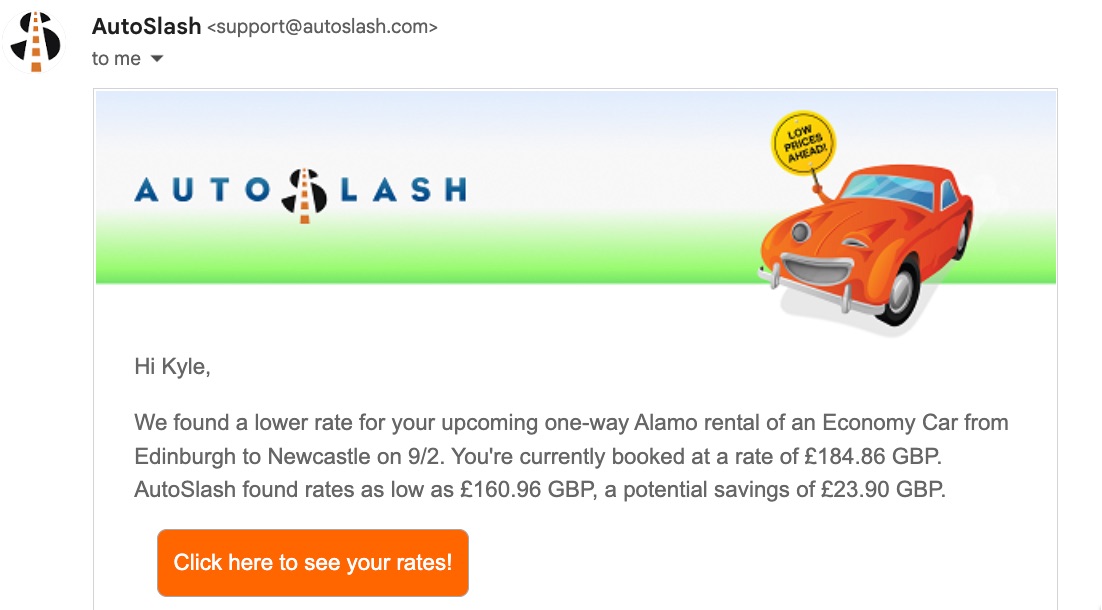 autoslash email showing a price drop of more than $30 usd on a rental
