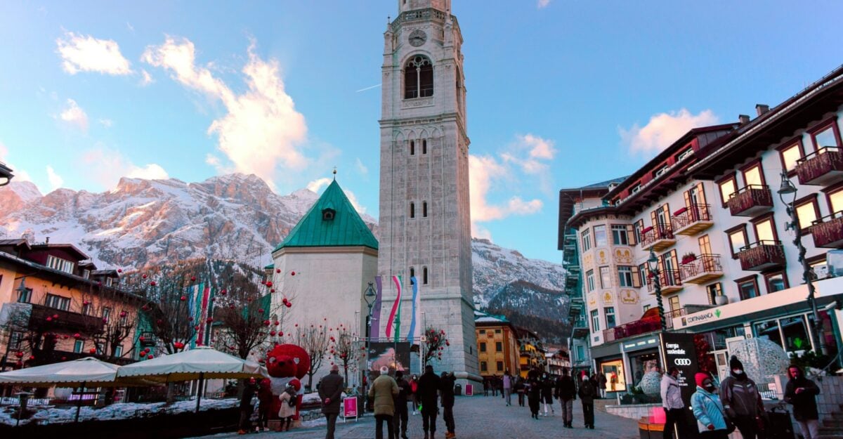 cortina italy during the winter with people walking through a square