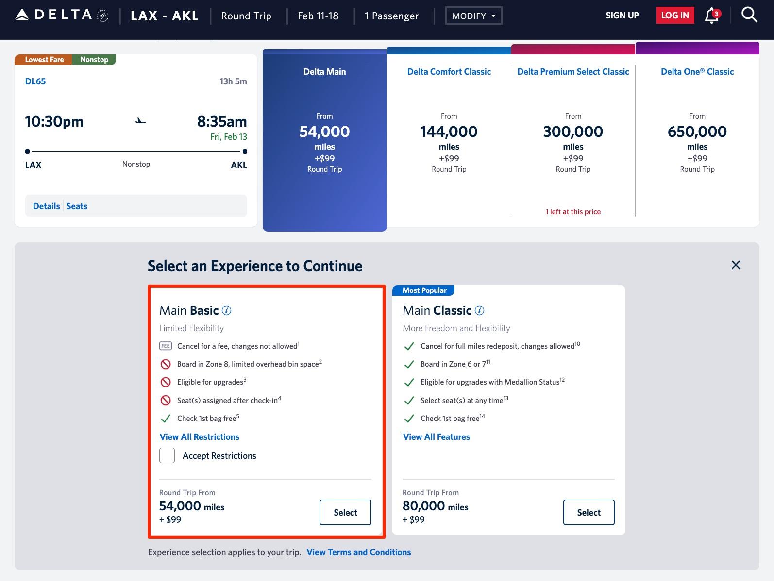 delta main basic fare for lax to auckland for 54,000 skymiles