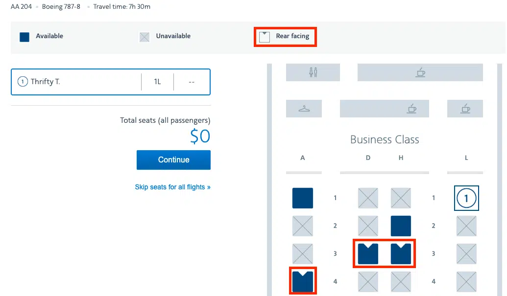 AA com biz rear facing seat map