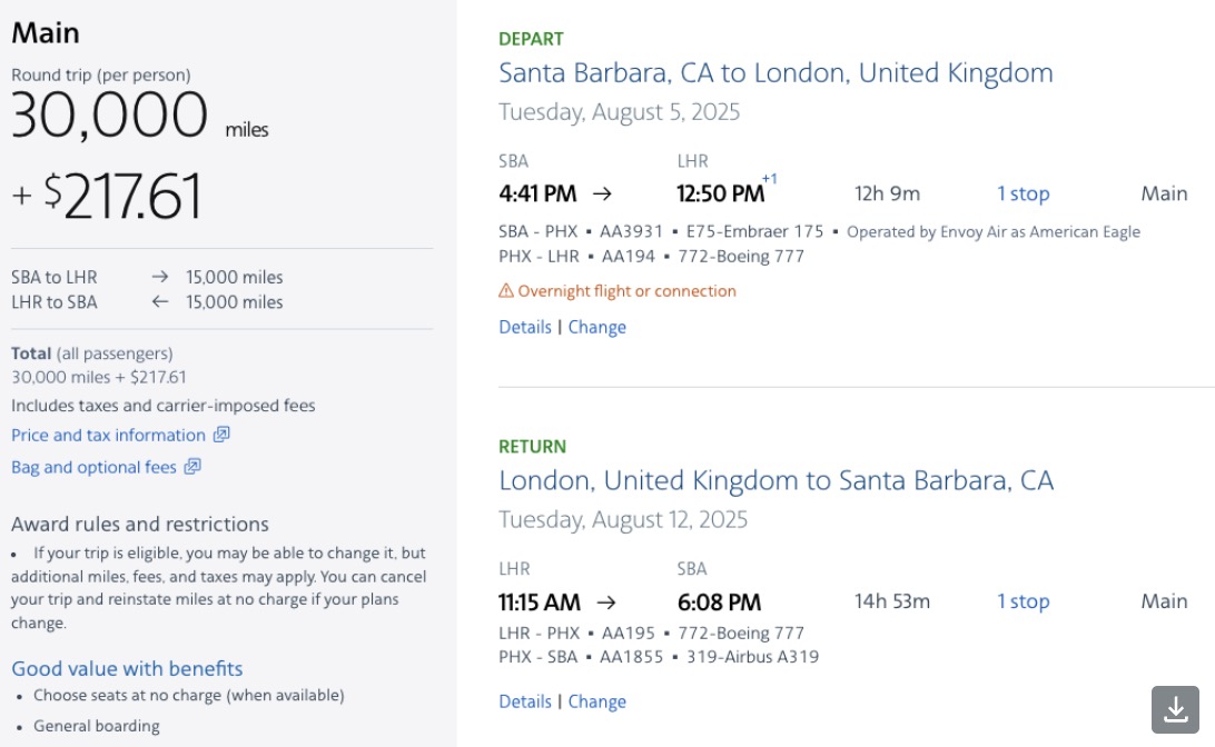American Airlines fare for 30,000 miles roundtrip