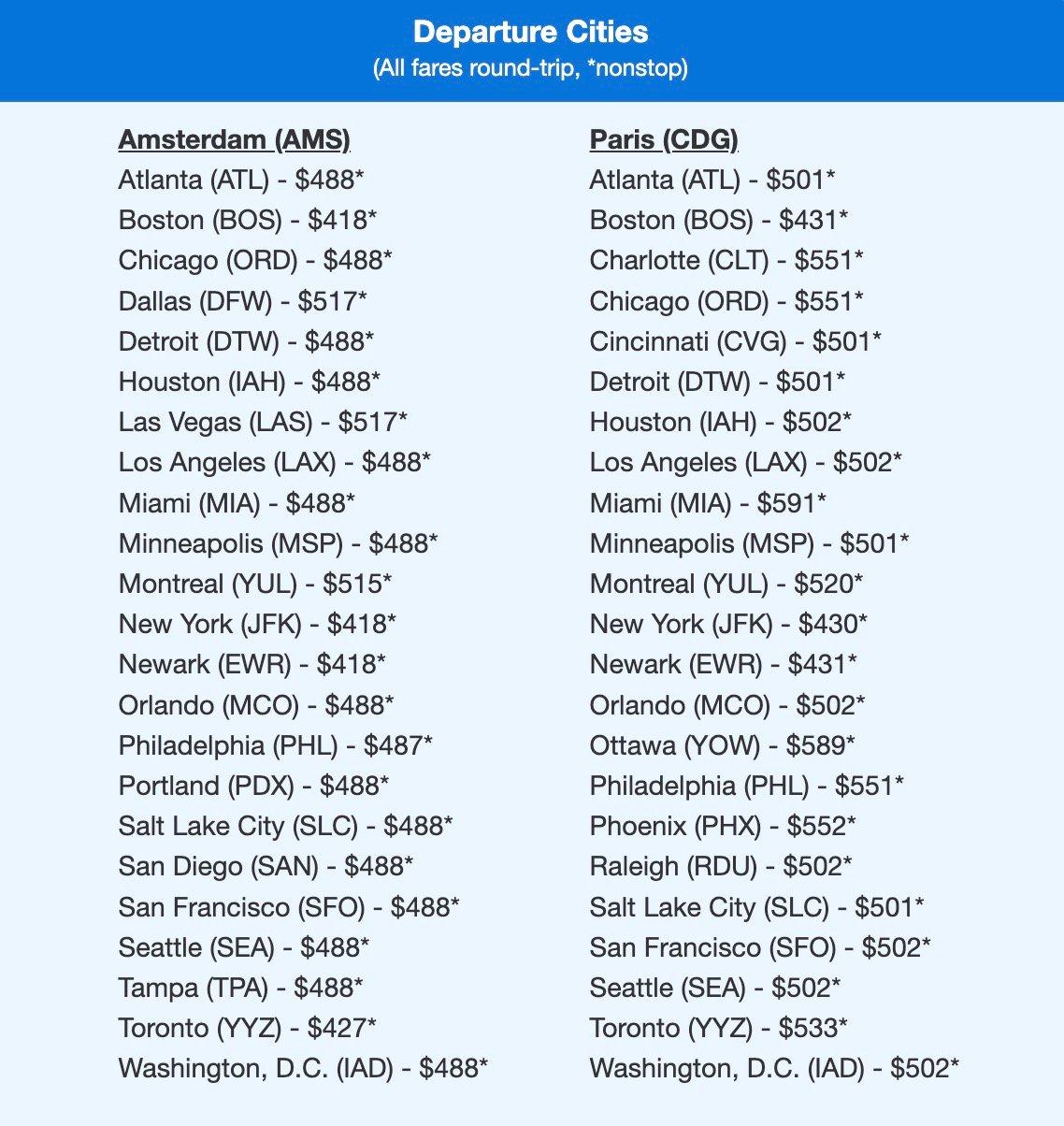 Amsterdam and Paris nonstop flight deals. 