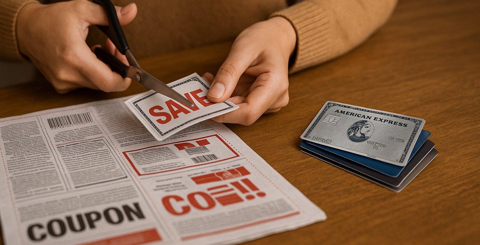 A person holding scissors at a table, clipping coupons, with a stack of credit cards.