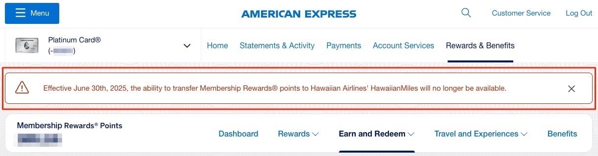 amex hawaiian transfer warning