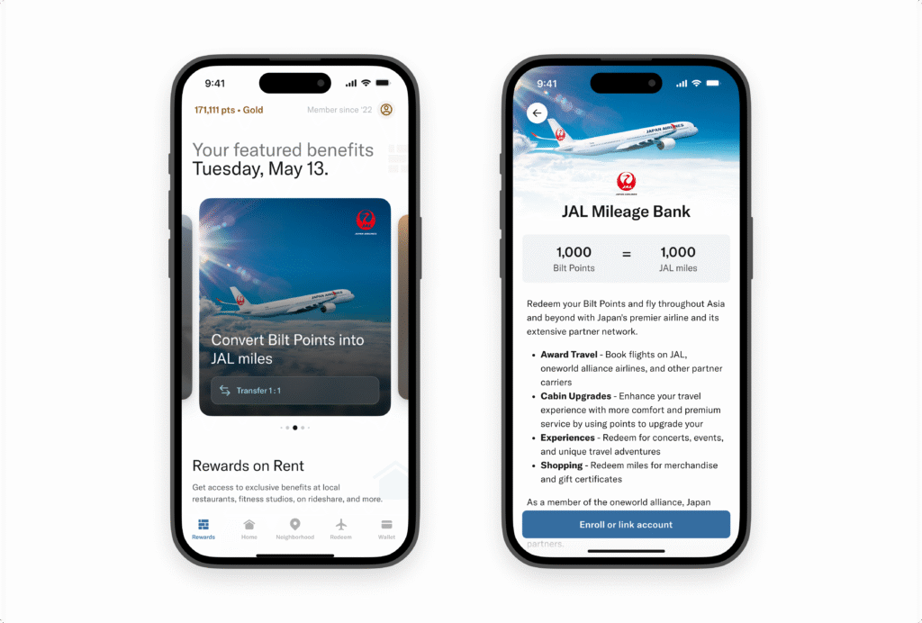 bilt transfer page showing. transfer of 1,000 points from Bilt to Japan Airlines