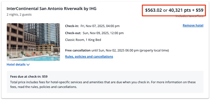 Chase Travel Booking at the Intercontinental San Antonio Riverwalk for a two-night stay, Nov. 7-9, for 40,321 points + $59
