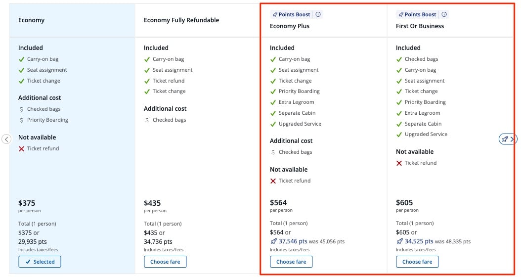 Chase Travel Points Boost for United flight in Economy Plus and First Class. 