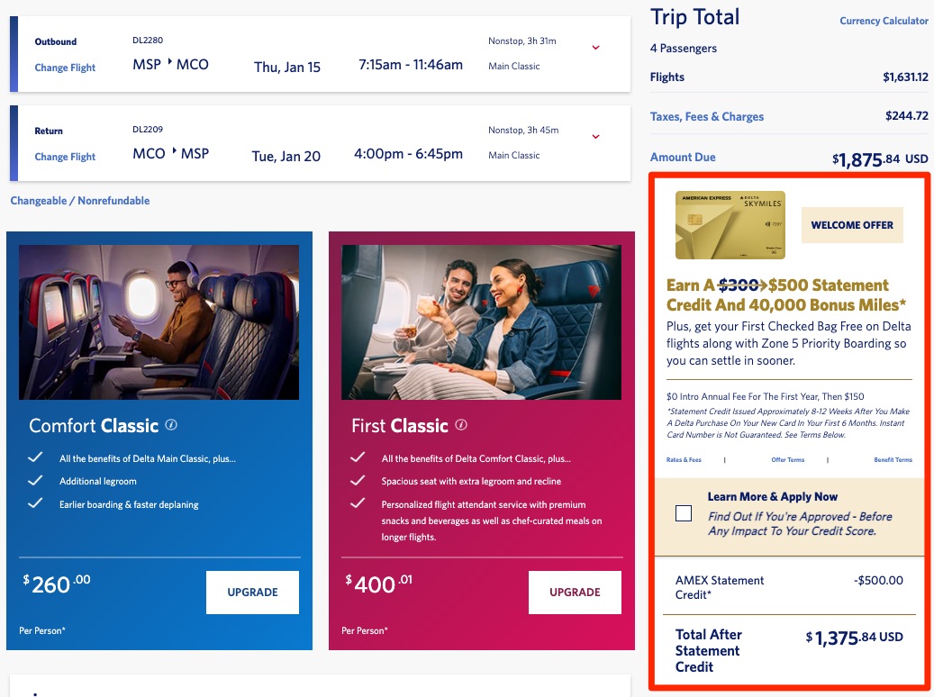 Delta SkyMiles Gold Card $500 Statement Credit + 40,000 Bonus Miles offer at checkout. 