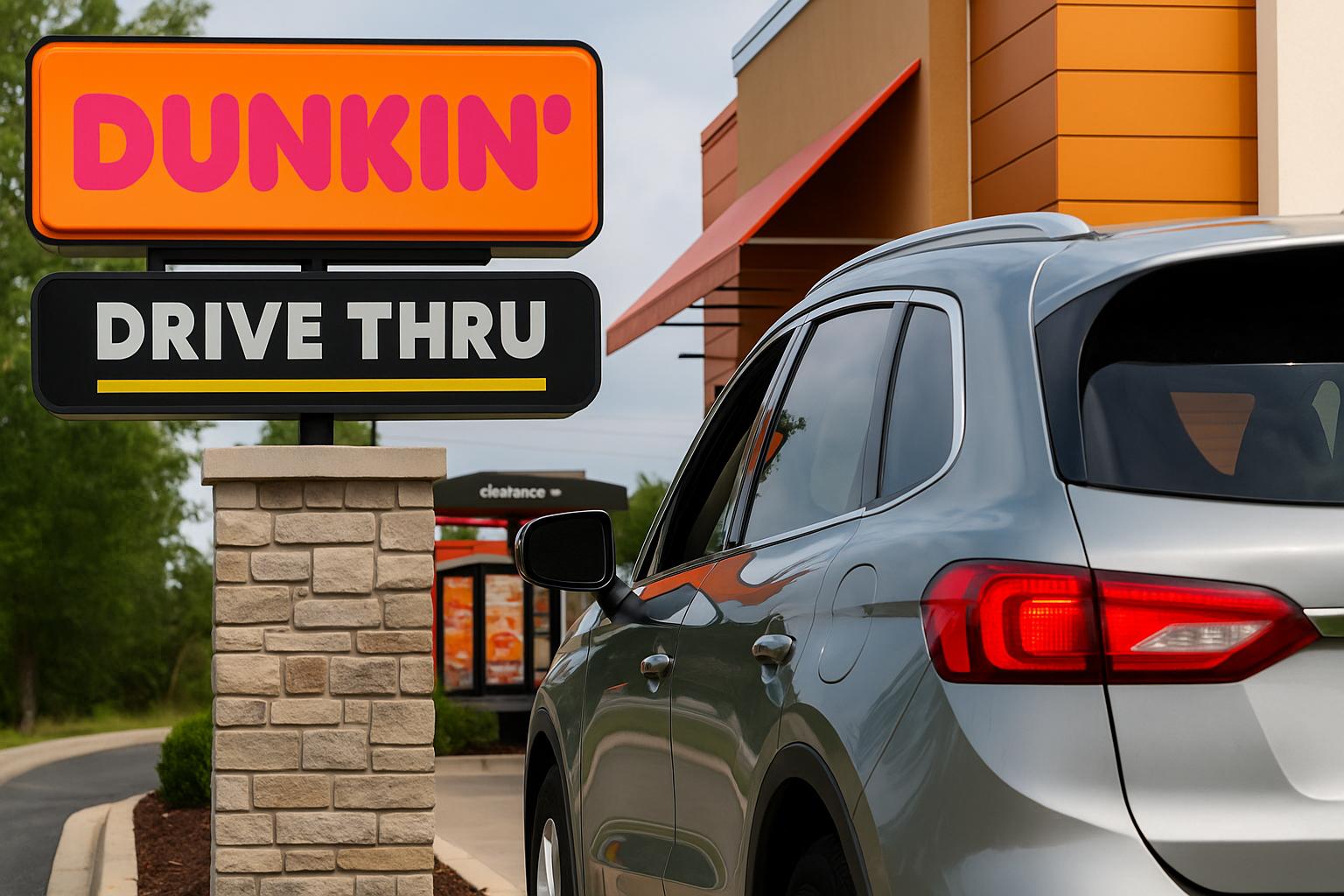 A car pulling up to order in a Dunkin' drive thru.