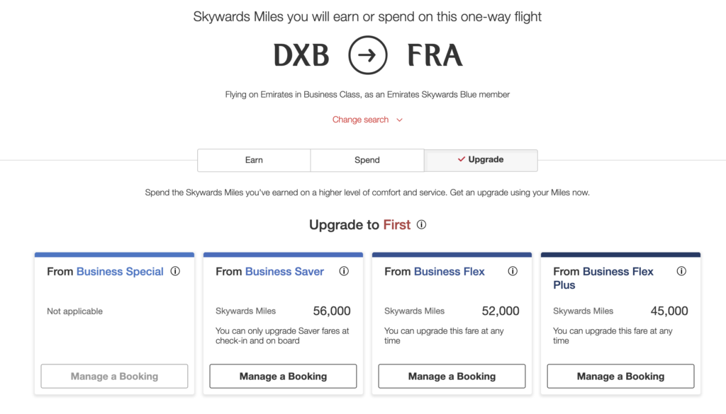 The Best Way to Book Emirates First Class: How to Upgrade Using Miles 11 dubai to Frankfurt upgrade prices for Emirates first class using their upgrade calculator
