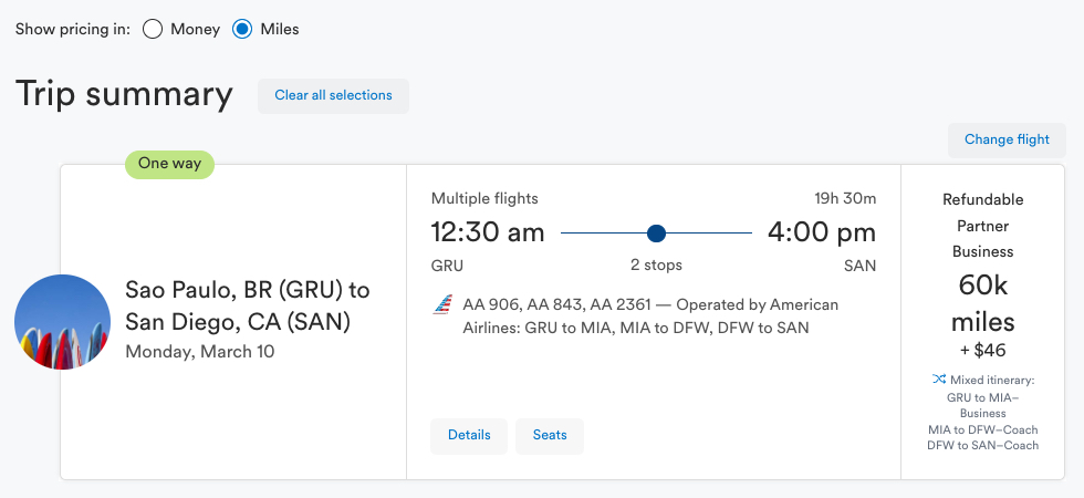 Sao Paulo to San Diego AA biz class using Alaska miles