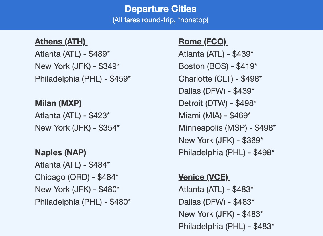 Greece and Italy nonstop flight deals. 