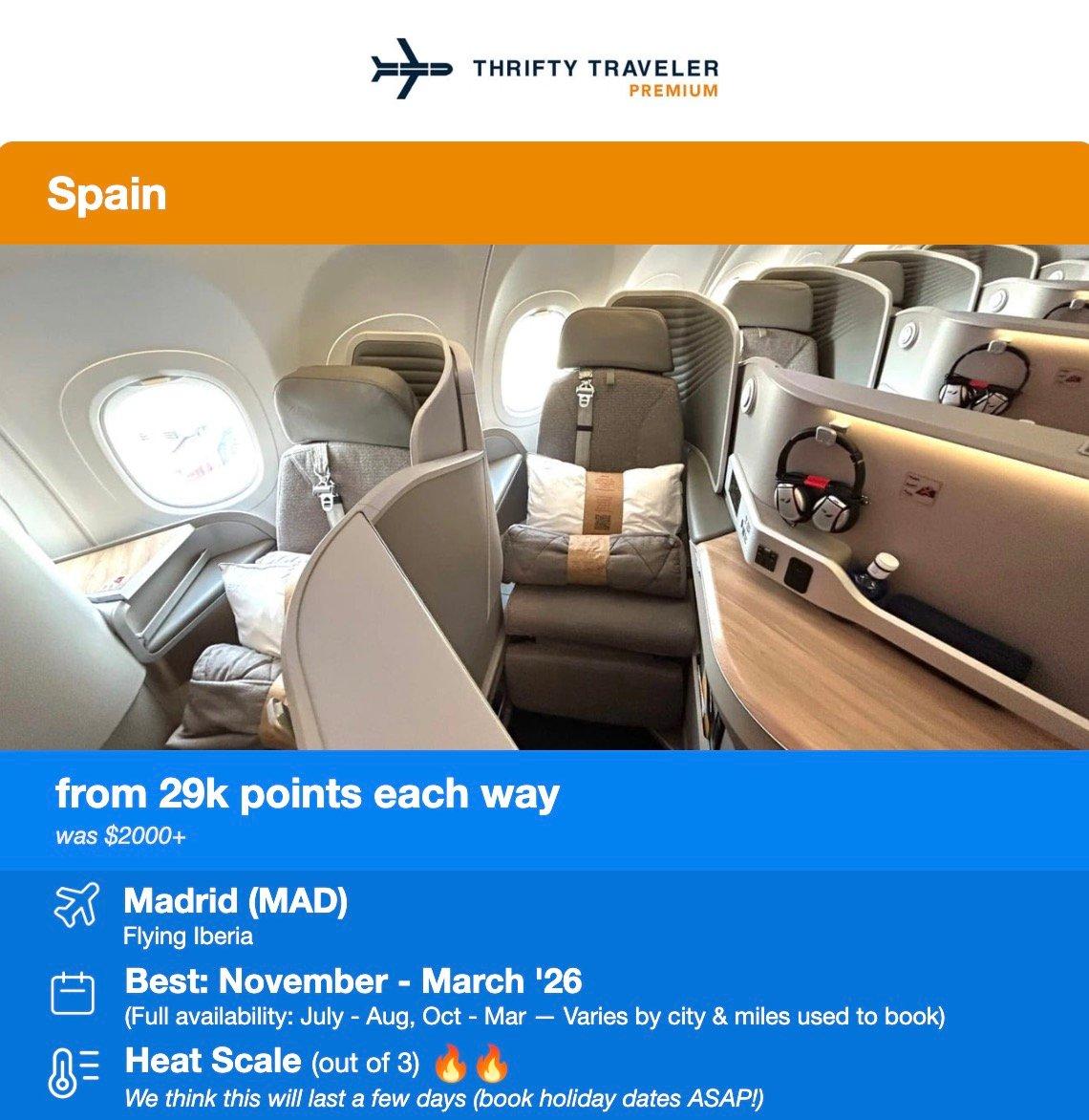 Iberia business class flight deal from 29,000 points each way. 