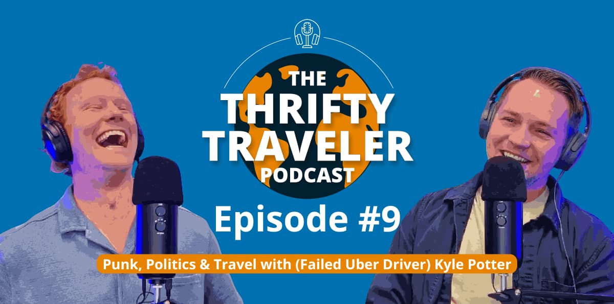 Two podcasters laugh on a graphic around the logo of their show.