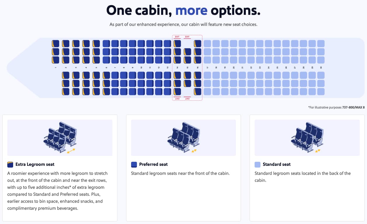 Southwest 737-800MAX seating chart with extra legroom, preferred, and standard seats. 