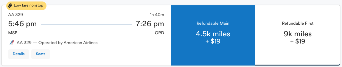 Alaska Airlines award flying AA from MSP-ORD for 4,500 miles one way in economy or 9,000 in first class. 