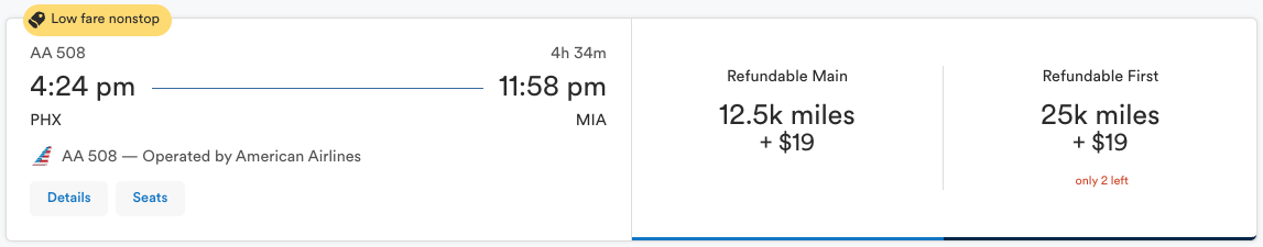 Alaska Award flying American Airlines from PHX-MIA for 12,500 miles in economy or 25,000 in first class. 