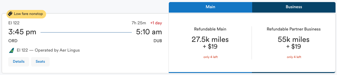 Alaska award booking from ORD-DUB for 55,000 miles in business class. 