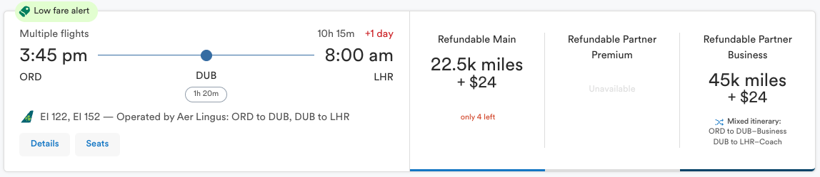 Alaska award booking from ORD-DUB-LHR for 45,000 miles one way in business class. 