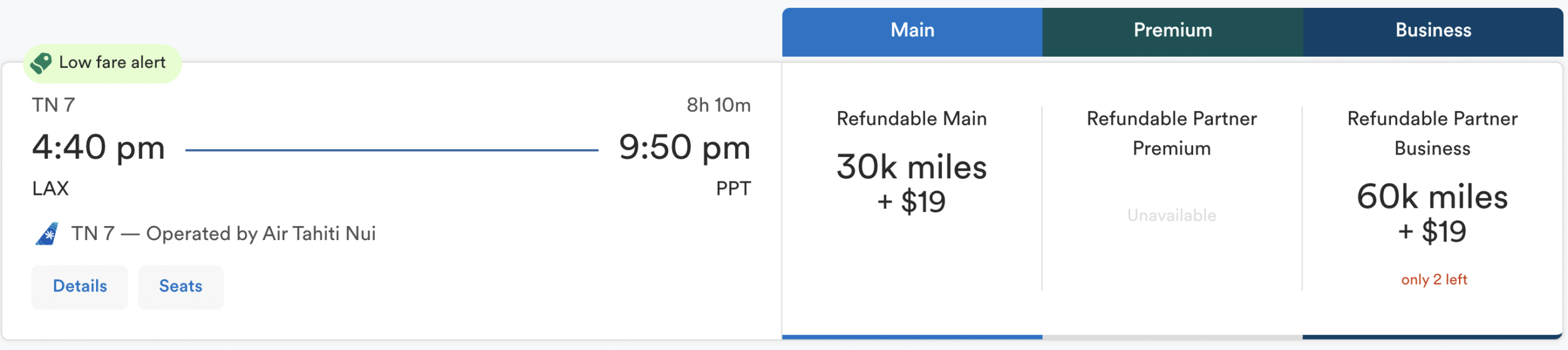 Air Tahiti Nui Alaska miles sample redemptions
