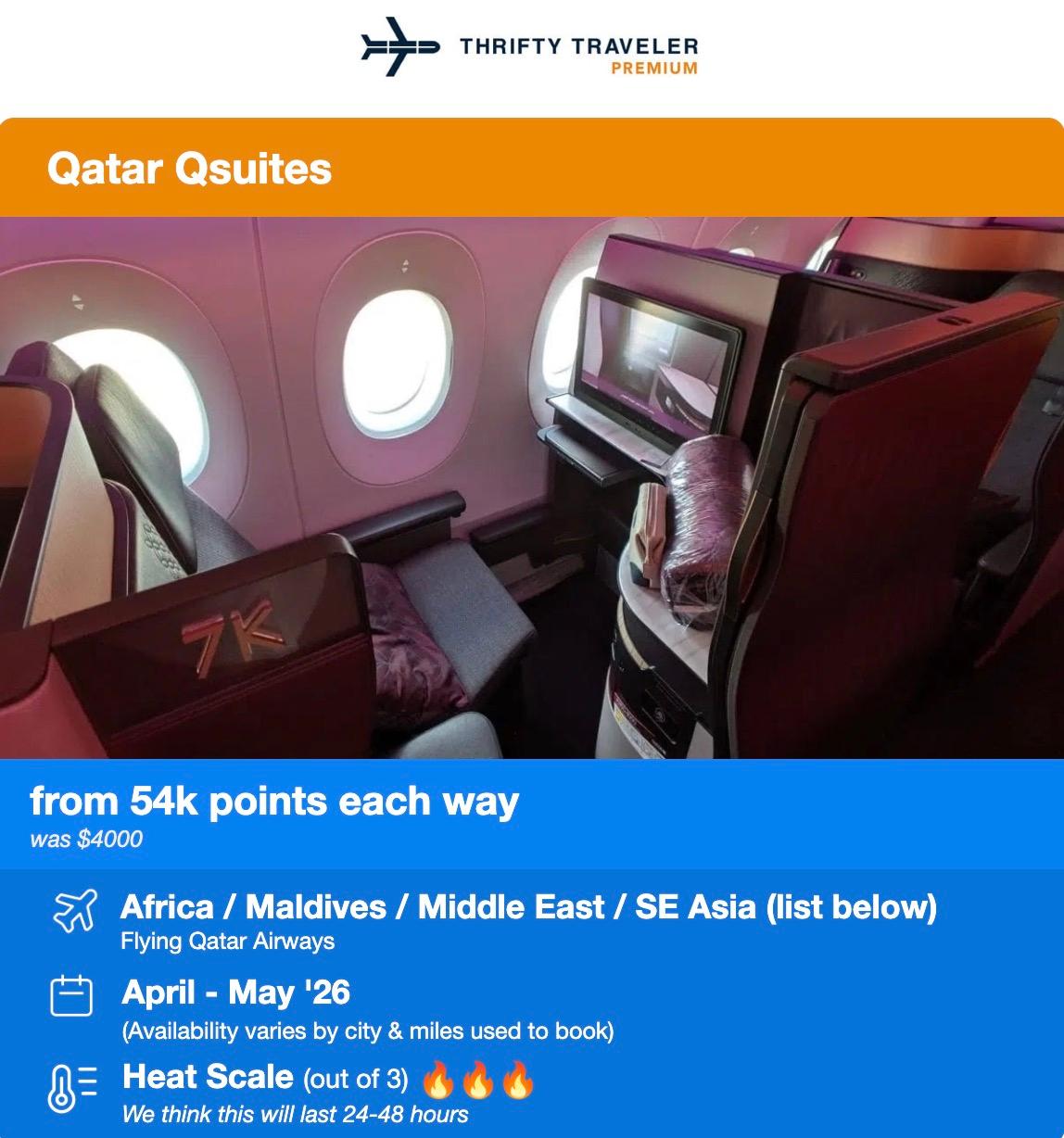 Qatar QSuites flight deal from 54k points each way