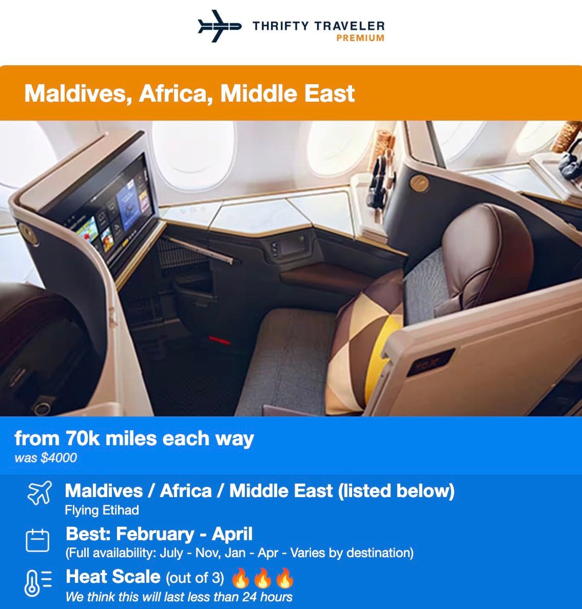 Etihad business class flight deal from 70,000 points each way. 