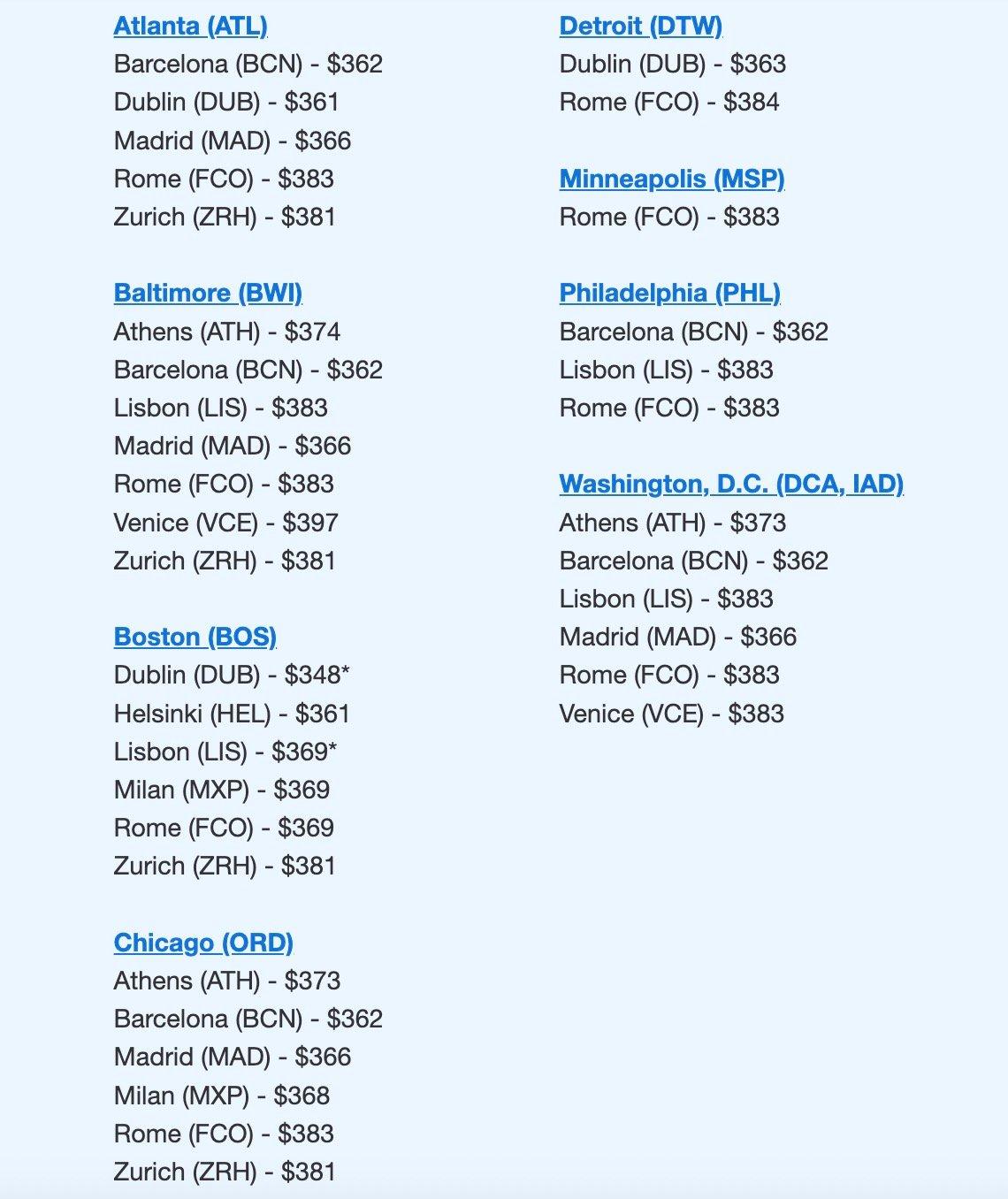 Sub-400 flights to Europe from several hubs. 