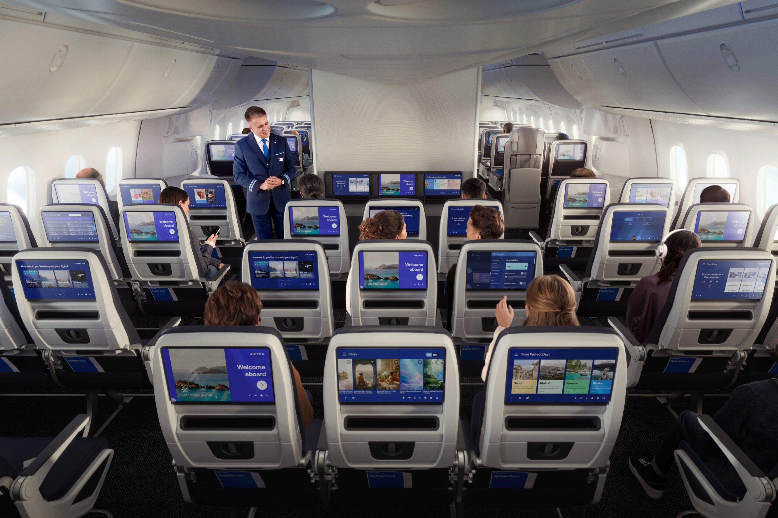 united economy cabin with passengers and flight attendants