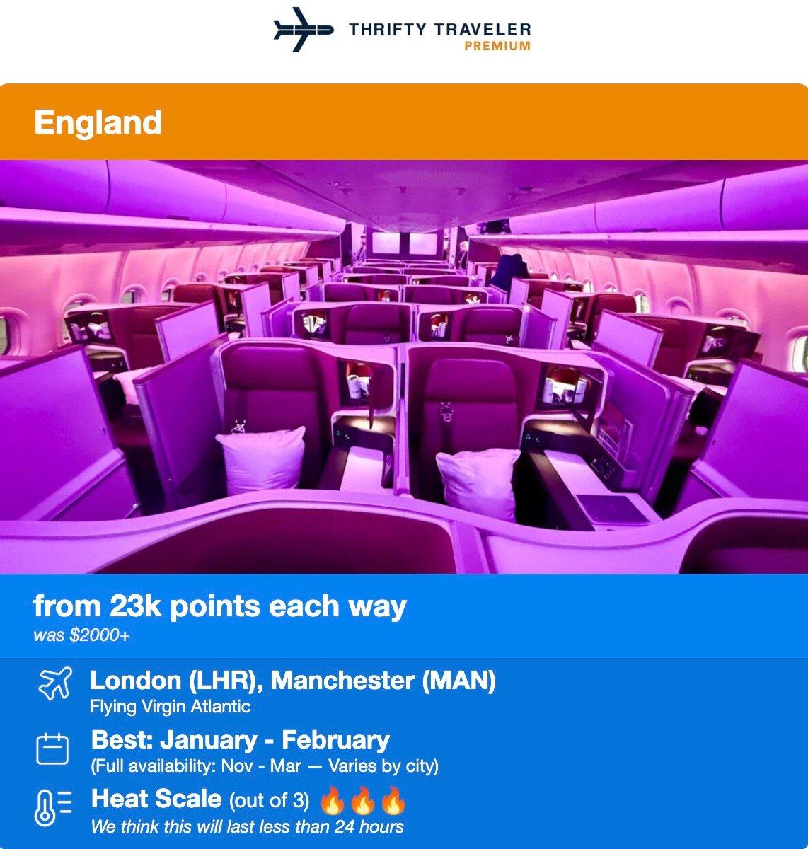 Virgin Business Class to London from 23,000 points each way