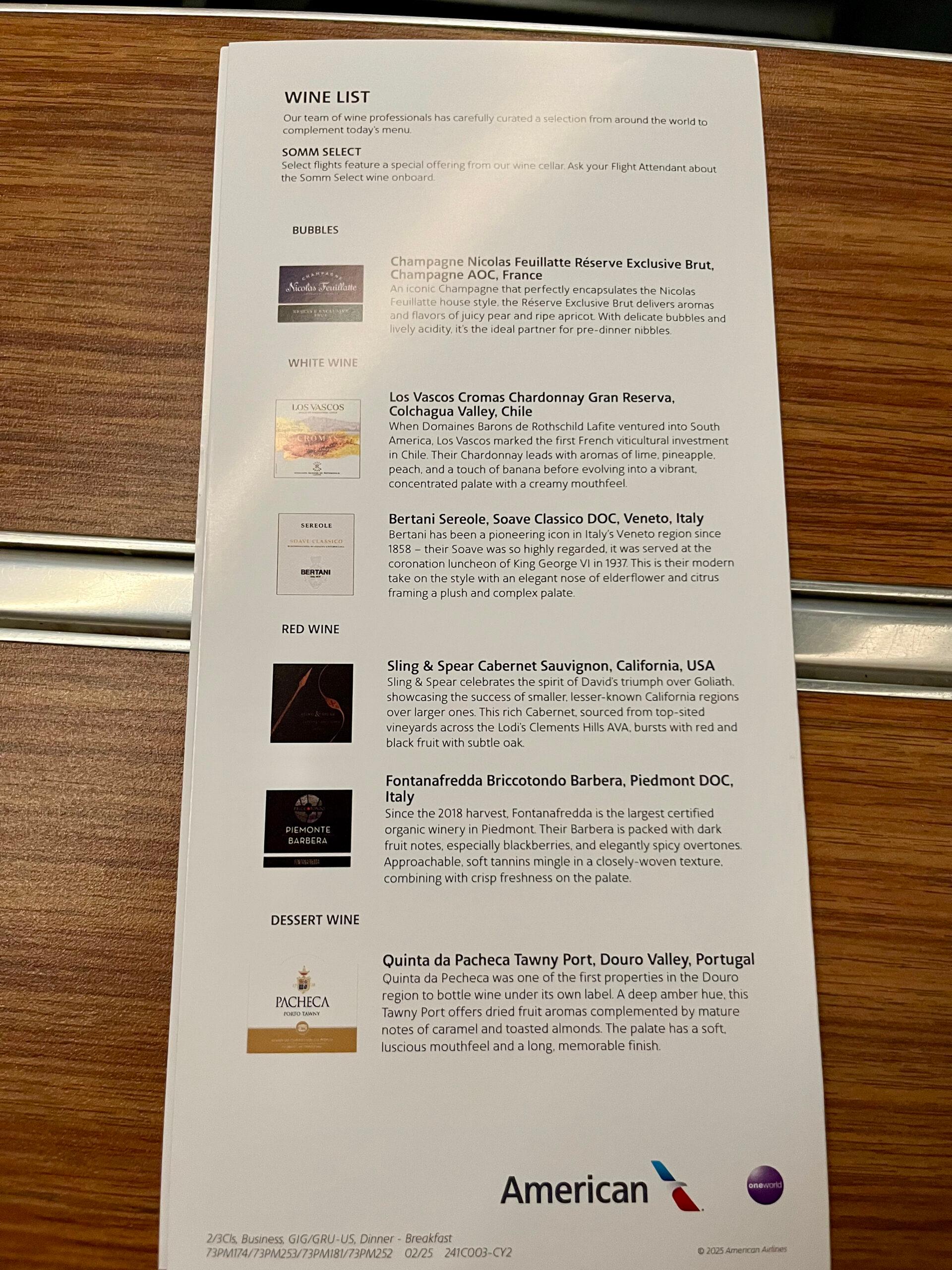 American Airlines business class wine list
