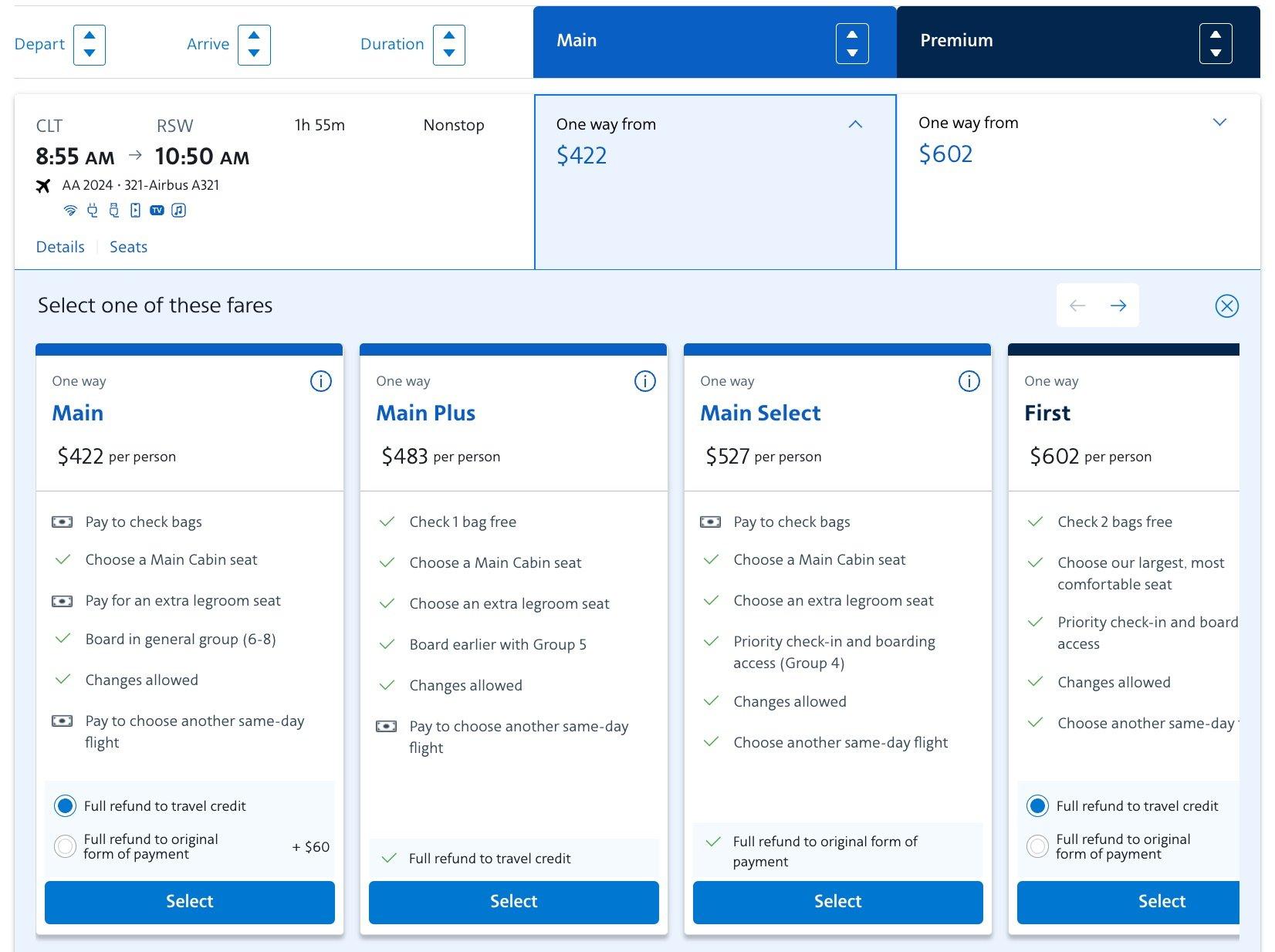 american airlines flight from charlotte to fort myers for $422