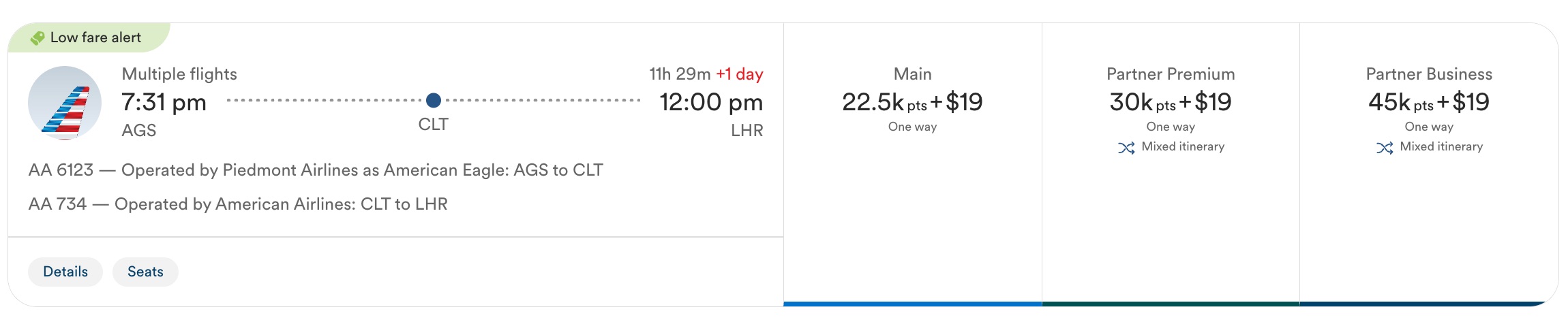 augusta to london via charlotte for 45k miles in business class