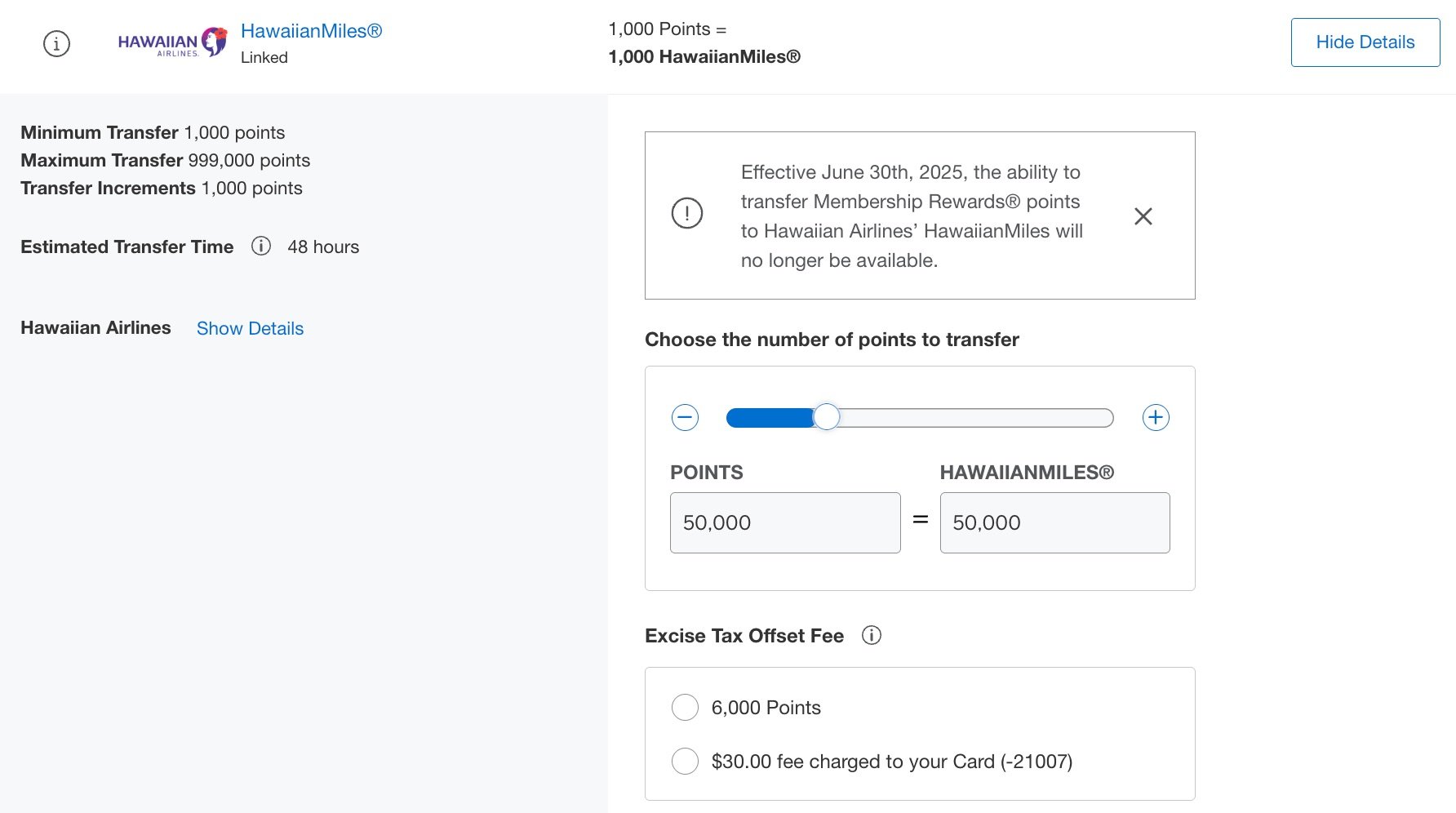 amex transfer 50,000 miles to hawaiian