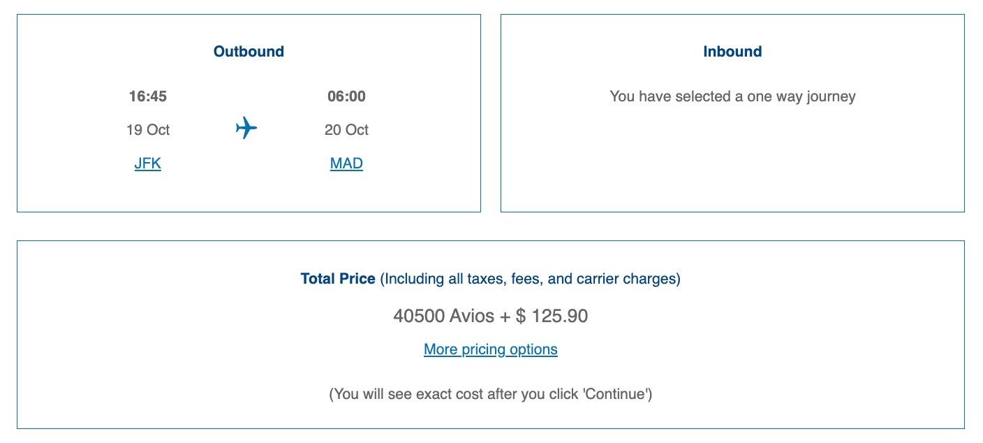 british airways redemption jfk to madrid for 40,500 miles