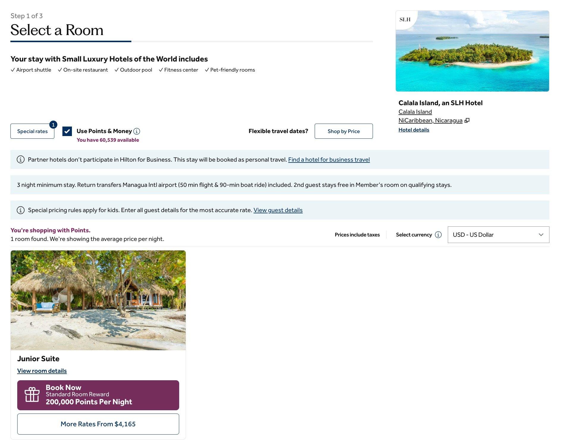 hilton award booking for calala island