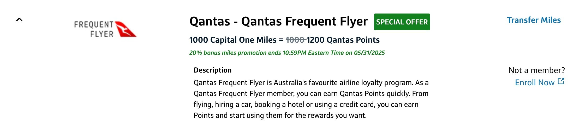 capital one transfer bonus of 20% to qantas frequent flyer