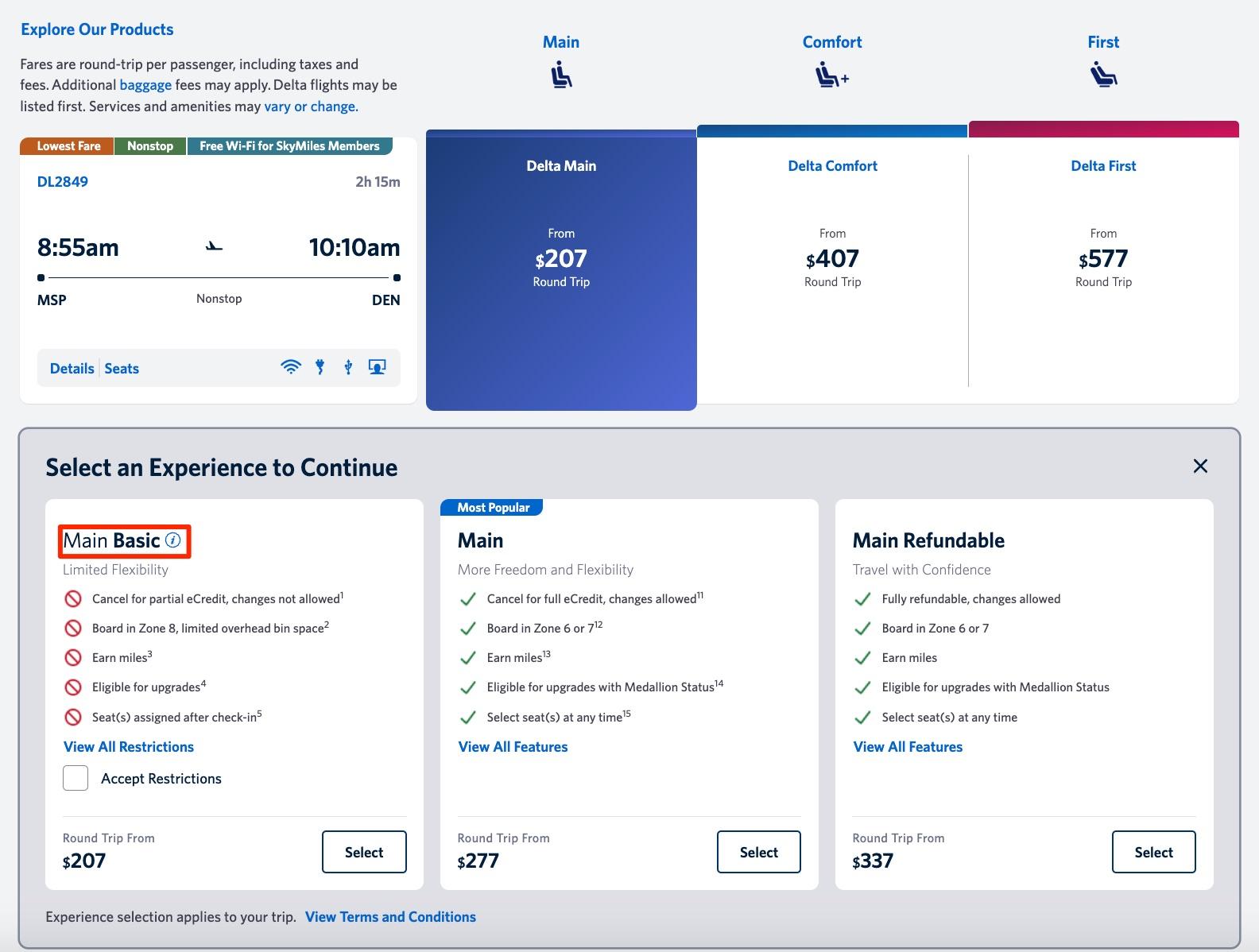 delta fare choices showing "main basic" 