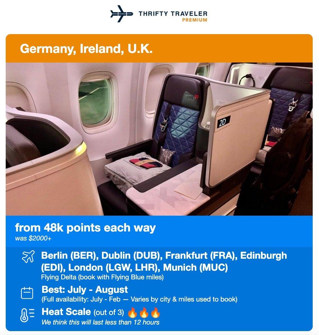 thrifty traveler premium delta one deal to europe for 48,000 points