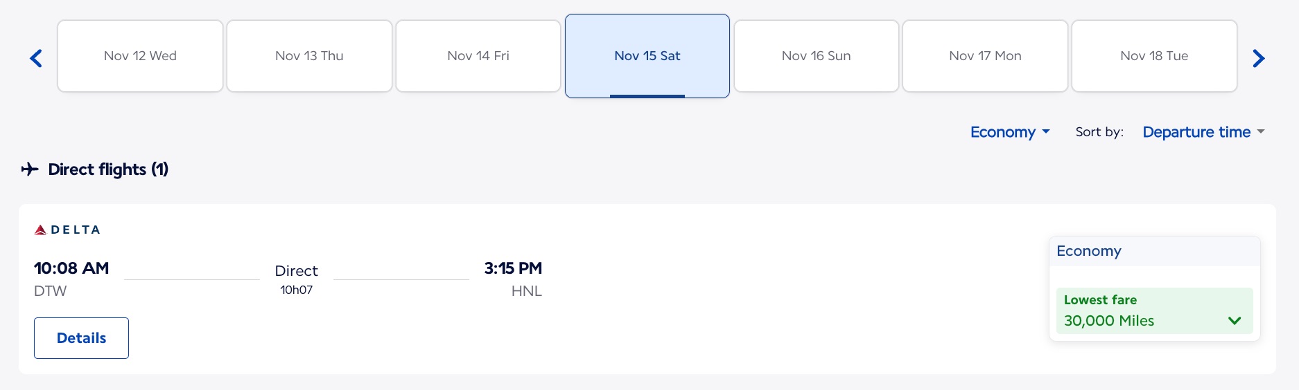 flights from detroit to honolulu for 30,000 miles