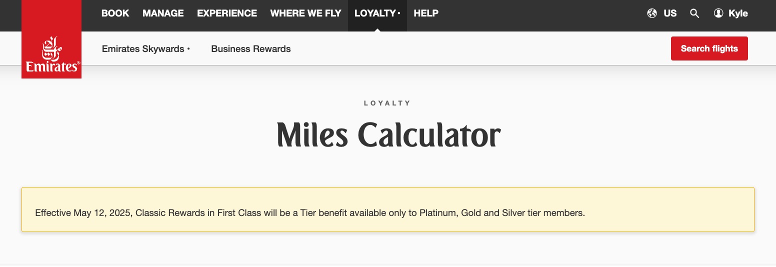 emirates first class warning on miles calculator page