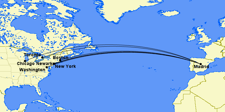 iberia route map from six north american cities to madrid
