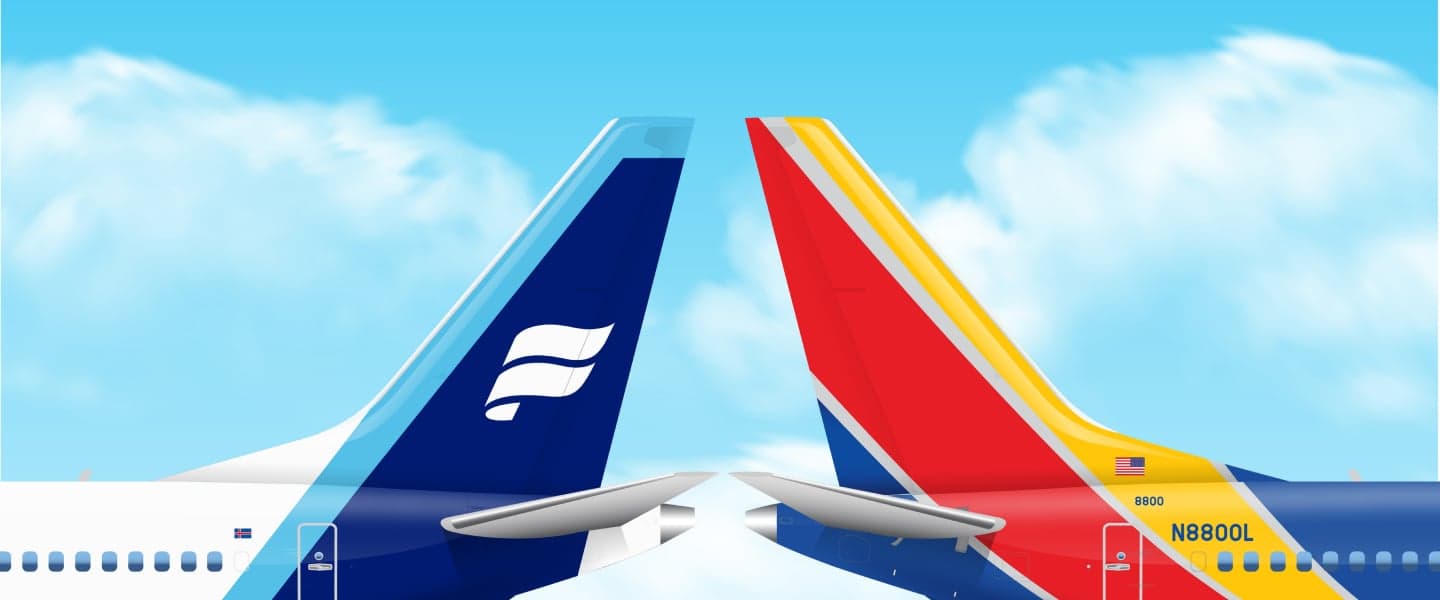 Rendering of Southwest and Icelandair planes tail-to-tail with blue sky and clouds in the background. 