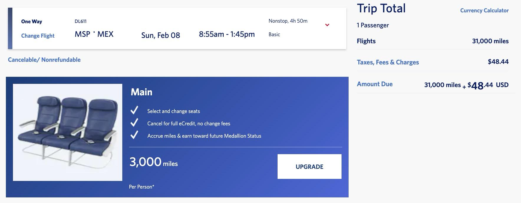 delta flight msp to mexico city for 31,000 skymiles