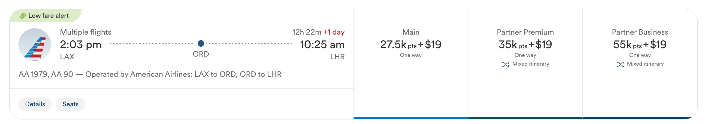 los angeles to chicago to london for 55k miles in business class